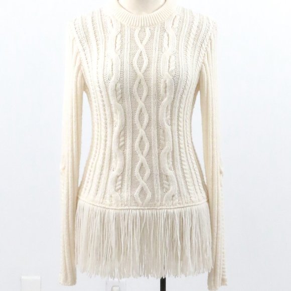 Tory Burch S Wool Fringe Cable Knit Sweater Cream - Picture 10 of 10